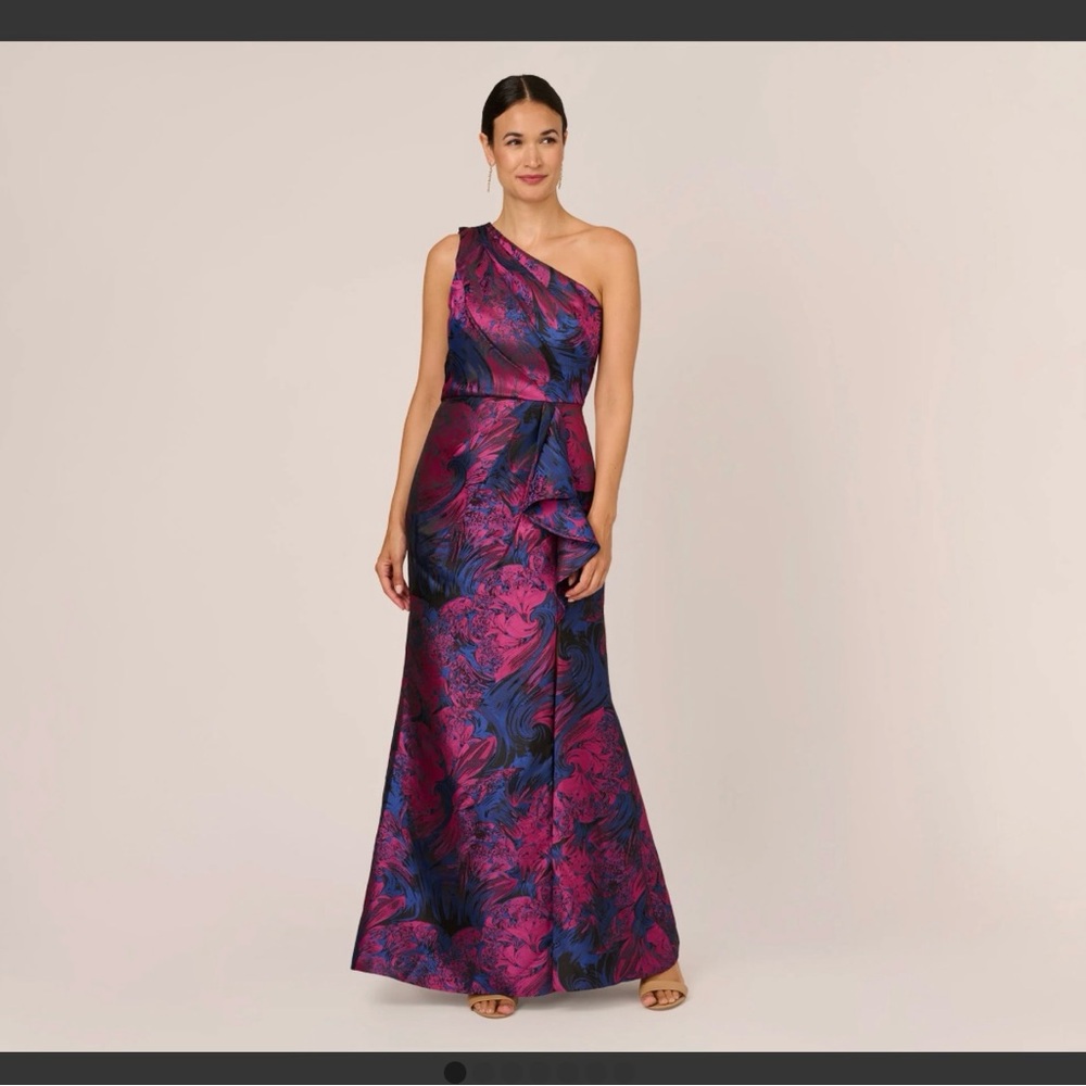 NWT Adrianna Papell Floral Jacquard One Shoulder Sleeveless Mermaid Gown